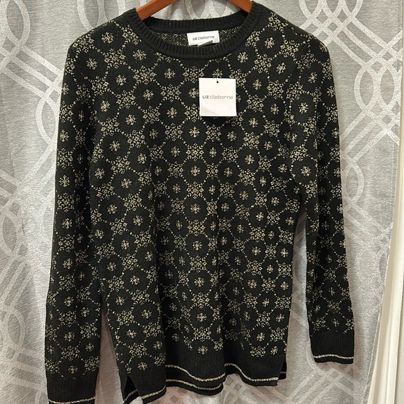 LIZ CLAIBORNE Sweater Womens Medium- Snowflake Pullover Black Metallic Gold NEW - Picture 1 of 4